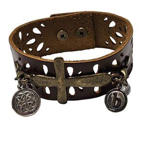 Vintage Brown Leather Floral Cut Out Bracelet Brass Cross Charms Spiritual Boho